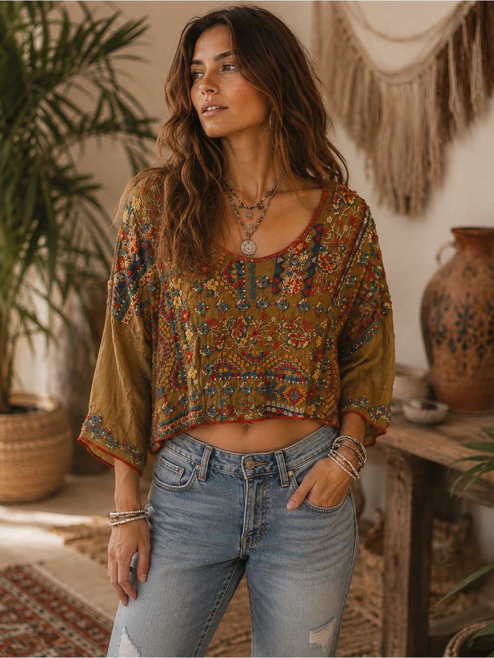 Johnny Was Olive Green Embroidered Top (343256) 🌼 ☀️
